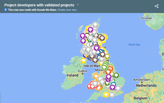 image of Google map showing the UK and where all the different woodland creation projects are across the country.