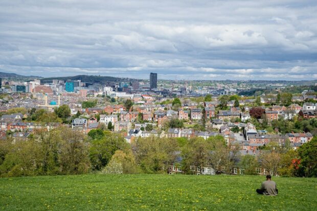 A person sitting on a grassy hill with a city in the background.