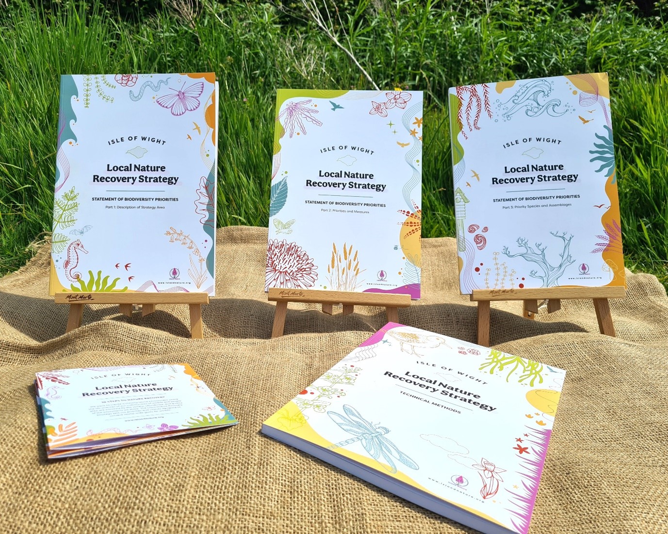 5 Isle of Wight Local Nature Recovery Strategy publications against grass as a backdrop for the publications