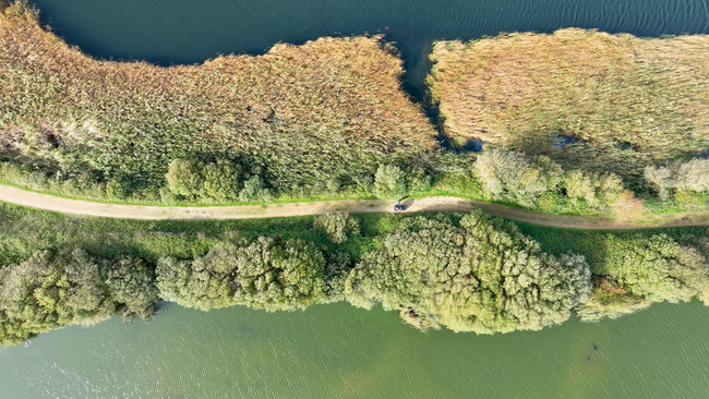 An aerial view of a wheelchair accessible path across the coastal wetlands at RSPB Dungeness